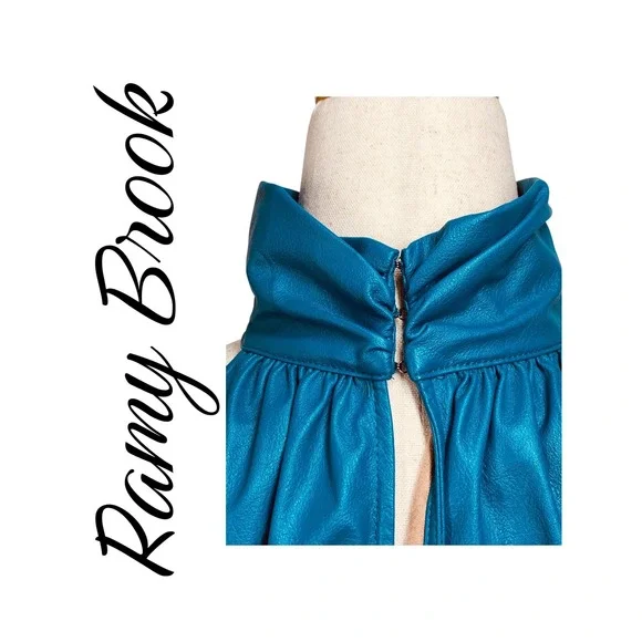 Ramy Brook Teal Faux Leather Halter High Neck Draped Vegan Leather Blouse Medium - Picture 6 of 14